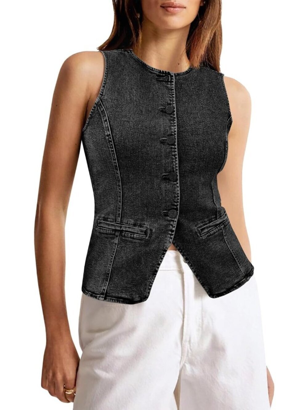 Women's Black Sleeveless Fitted Casual Button Down Denim Vests Tops Waistcoat